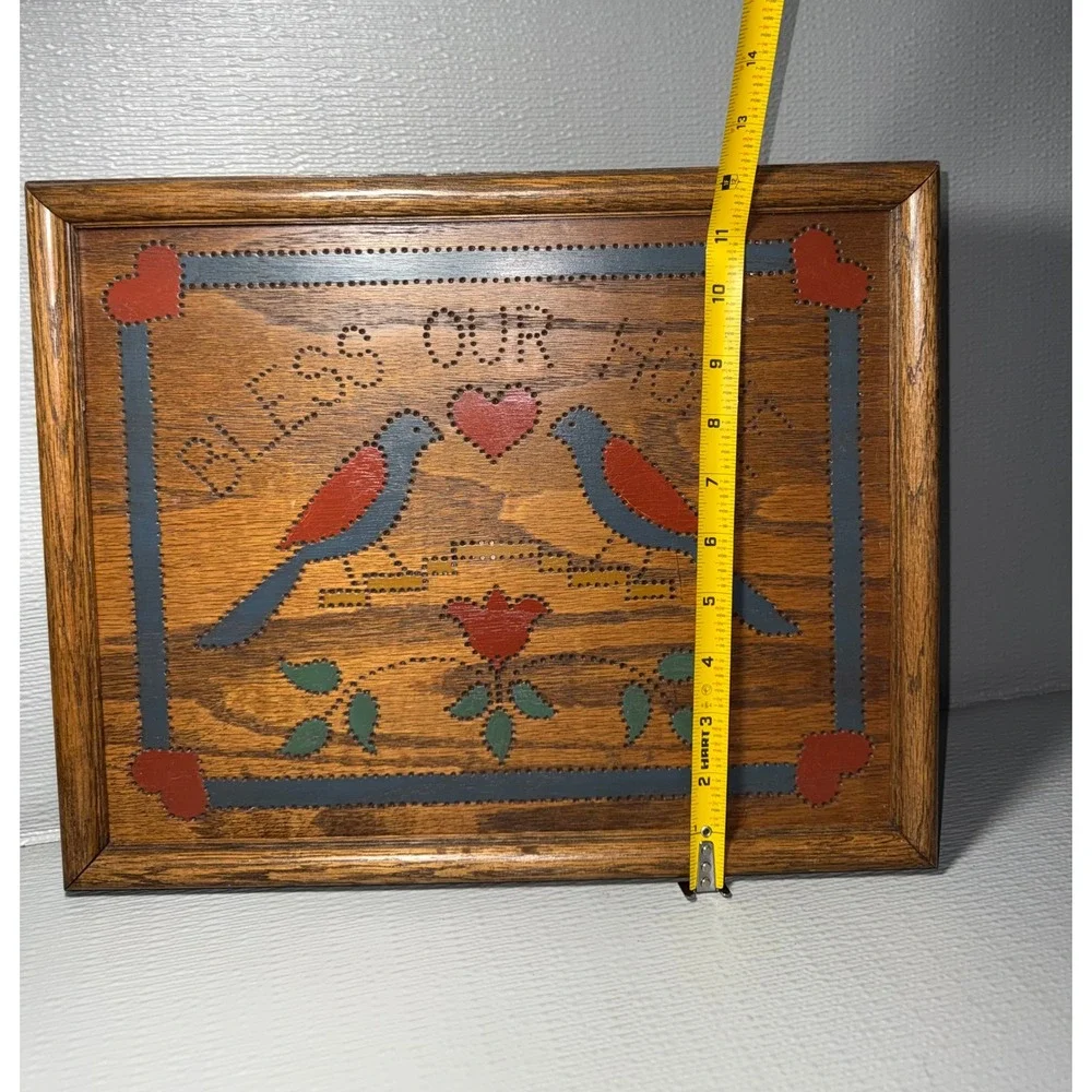 Vintage Folk Art Bless Our Home Wooden Wall Plaque Bird Heart Rustic Decor 14in